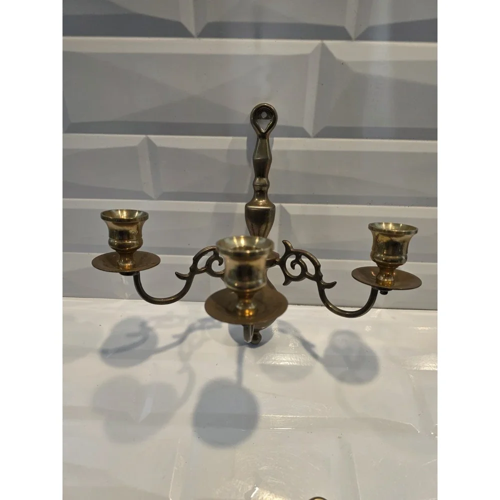 2 Vintage Brass 3 Arm Colonial Wall Sconce Candle Holders Pair 9